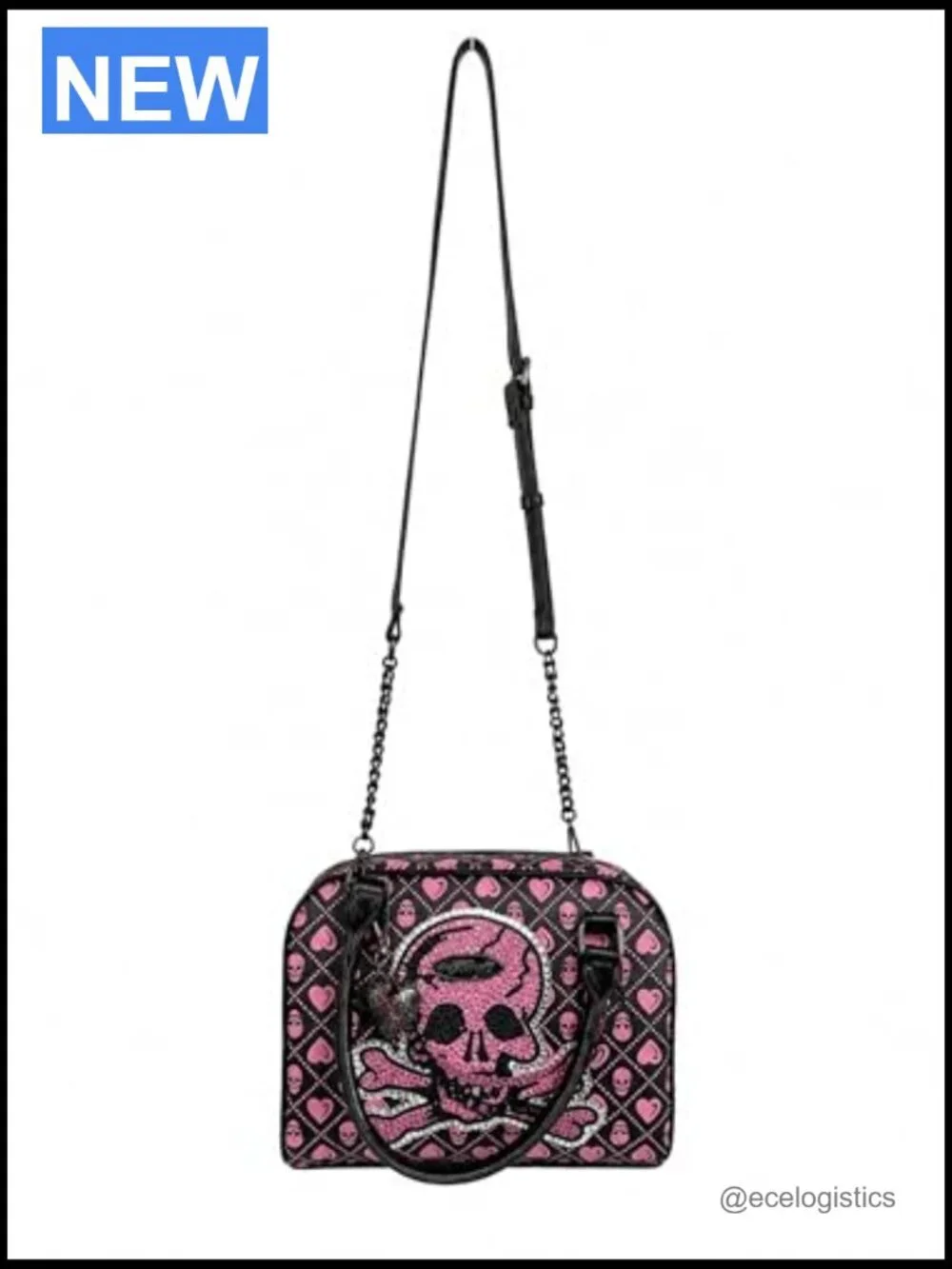 Skull Heart Rhinestone Satchel Crossbody Handbag with Chain Strap